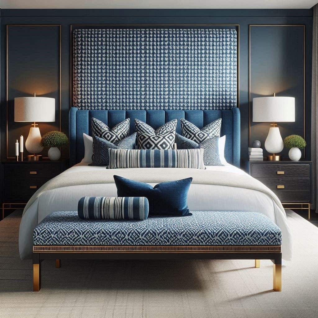 Pale blue bedroom with panelled walls, upholstered bed and layered linen