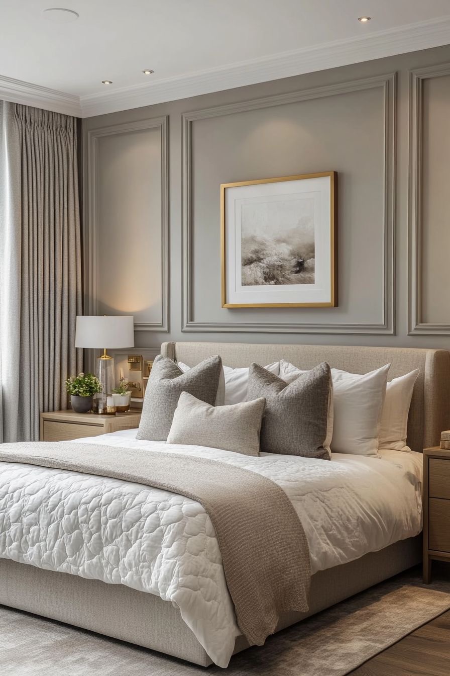 Unmodernised bedroom with original fireplace and grey panelling