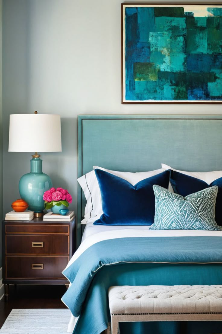 Premium blue bedroom with layered furnishings and a tailored upholstered headboard