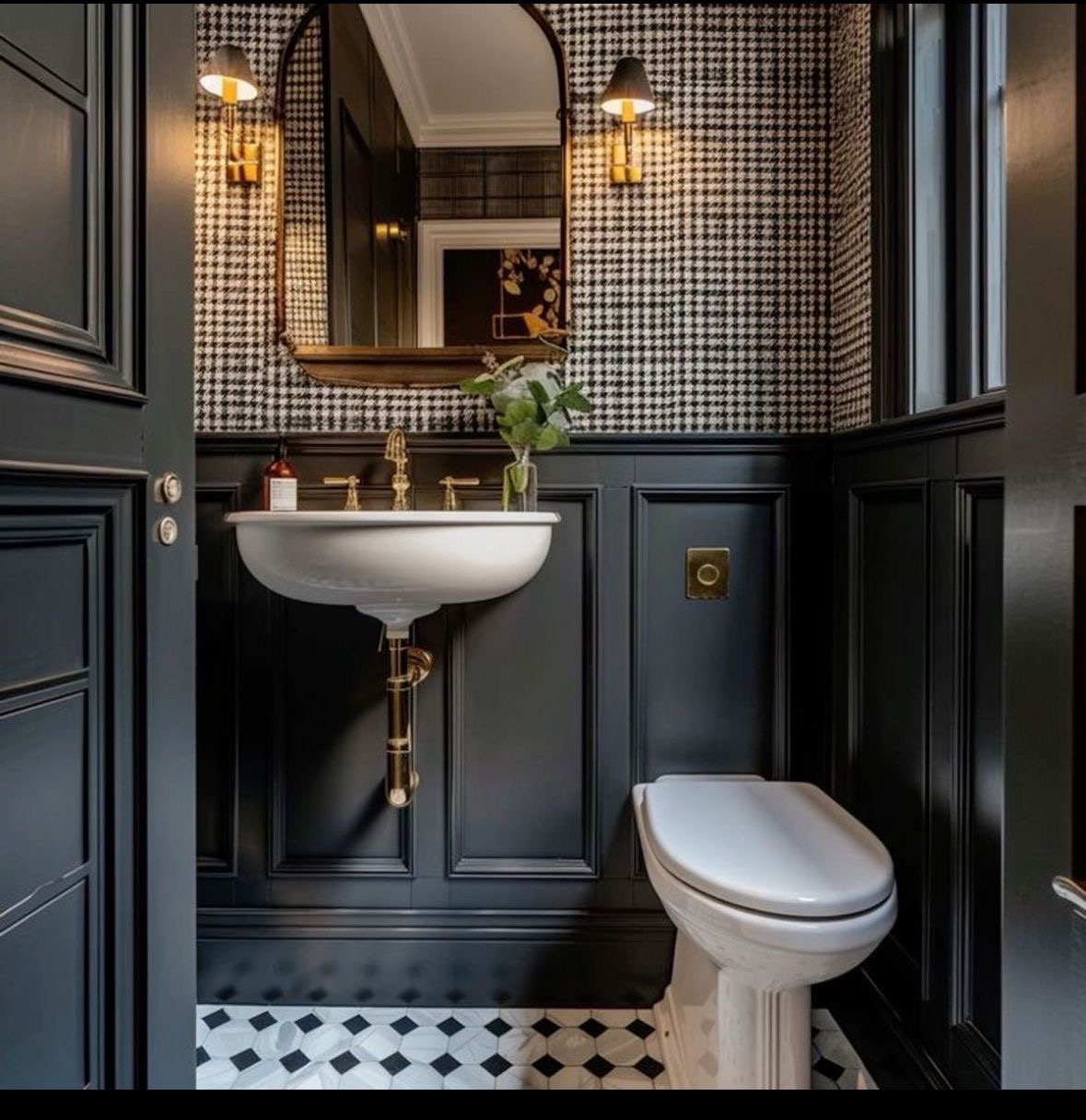 Character-rich cloakroom with traditional brassware, panelling and patterned wallcovering