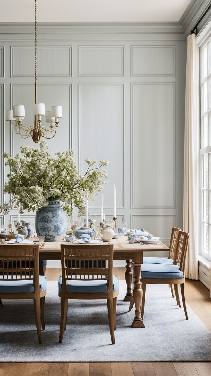 Dining room with panelled walls, brass chandelier and a dressed oak table