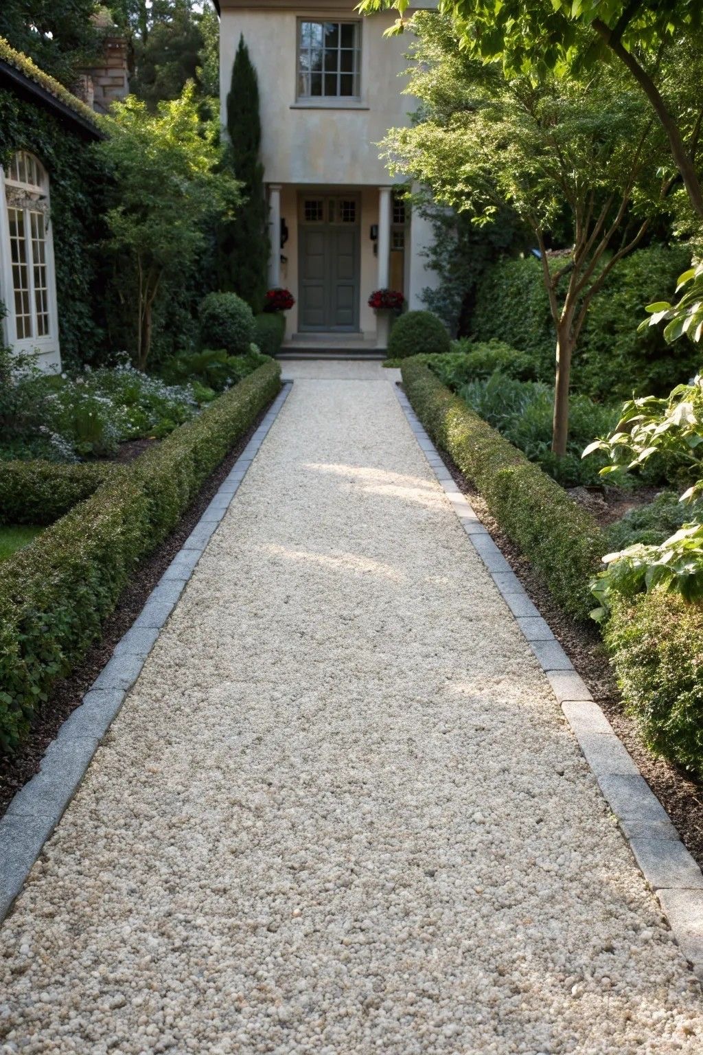 Garden approach to a character home with mature planting